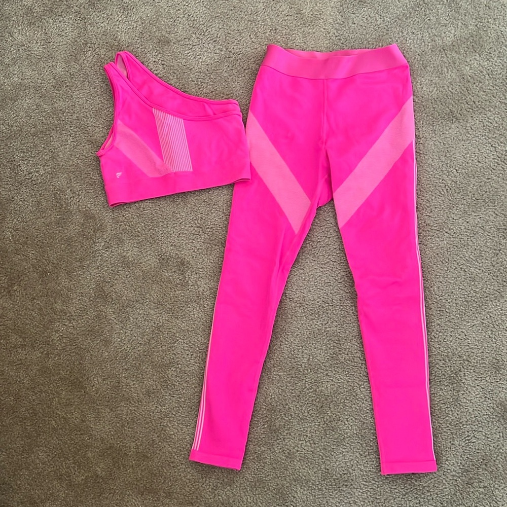 Neon pink, one shoulder Fabletics Set